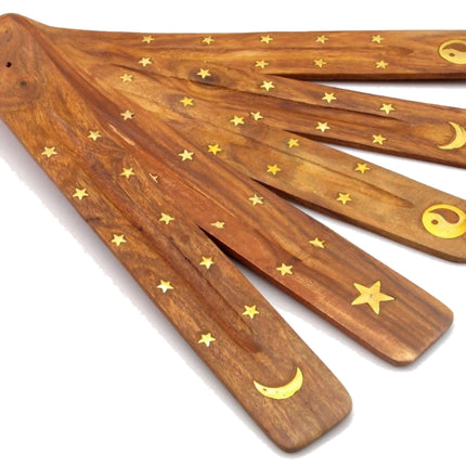 Wooden incense ash catcher boards with star and moon designs, fanned set