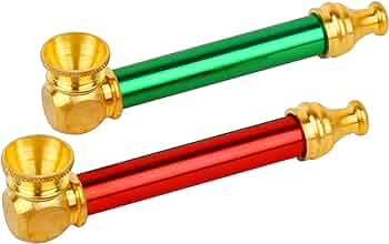 Metal tobacco pipe pair with gold bowls: green and red stems