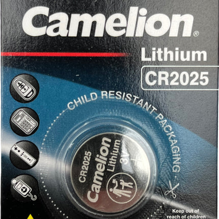 Camelion lithium CR2025 3V child-resistant button cell battery on blister pack