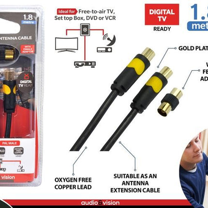 HD digital TV antenna cable set, 1.8 m, black twin leads with gold-plated connectors and adapter