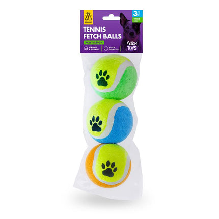 3-pack tennis ball dog toy blister: green, blue, orange felt balls with paw prints