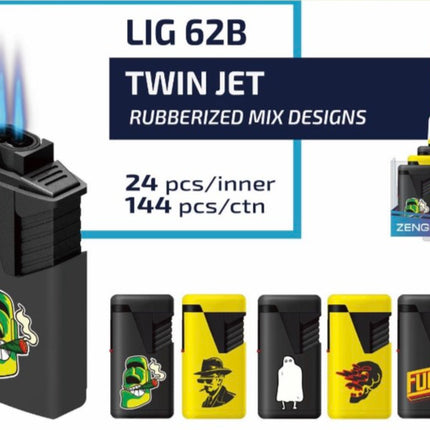 Twin jet lighter 24-pack display box with assorted rubberized designs