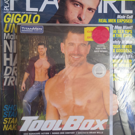 Adult entertainment magazine/DVD in clear cassette case with two men cover, blue and yellow