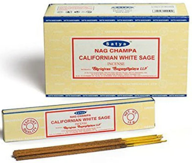Satya Nag Champa incense box with Californian White Sage, 180g; includes sticks
