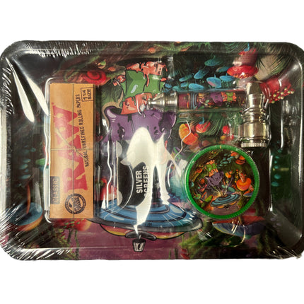 5-piece smoking set in molded tray with purple pipe, ashtray, lighter, rolling tray