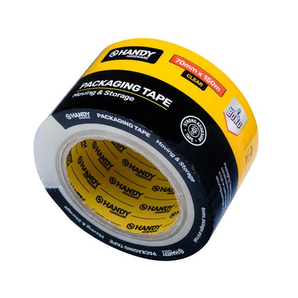 Clear packaging tape roll, 70mm x 150m, yellow-and-black branding label