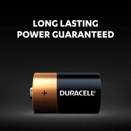 Duracell D alkaline battery, copper cap and black casing with Duracell logo