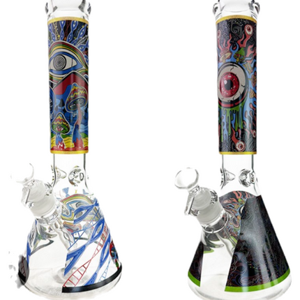 Pair of glass water beakers with colorful skull monster artwork and flared bottoms.