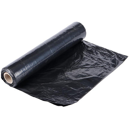 Black bin liner sheet, rolled and folded, heavy-duty plastic.