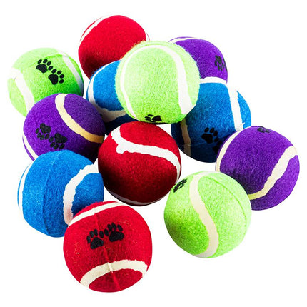 Assorted felt dog tennis balls in red, blue, purple, and green with paw prints