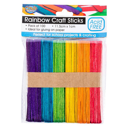 Pack of 100 rainbow craft sticks in purple, blue, green, yellow, orange and red