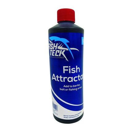Fish attractant oil bottle with red cap and blue label