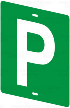 Green square plate with white letter P