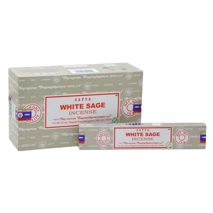 Stacked Satya White Sage incense boxes, rectangular cartons with red label