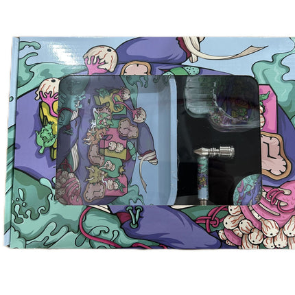 4-piece smoke kit in colorful cartoon window box showing grinder and smoking accessories
