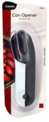 Cassia manual can opener with comfy grip, retail package showing stainless steel cutting wheel