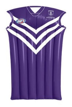 Purple sleeveless AFL-style guernsey with white chevron and striped V yoke