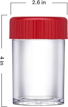 Glass storage jar with red ribbed lid, silver body, top light window