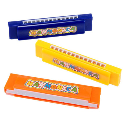 Plastic kids harmonicas set: blue, yellow, and orange with 'Harmonica' logo