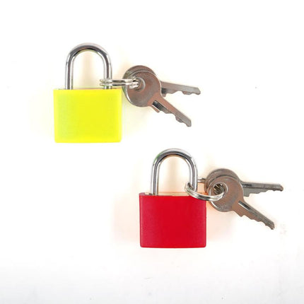 Pair of padlocks with silver shackle: green and red square bodies, include keys