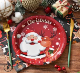 Santa Christmas paper plates, red round design with Santa and reindeer, 10-pack