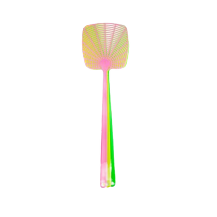 Large fly swatter with mesh head and pink-and-green handle