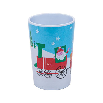 300ml Christmas cup with blue and white Santa on a toy cart graphic