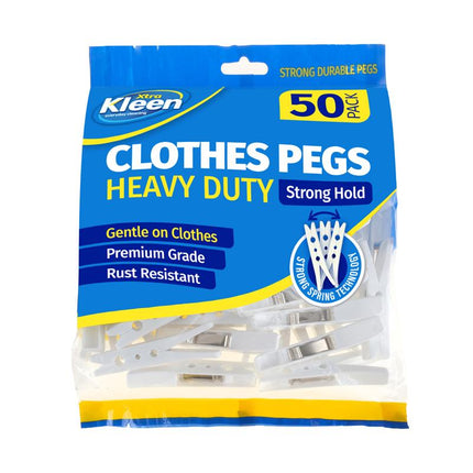 Kleren heavy-duty clothes pegs, white plastic, 50-pack on retail bag