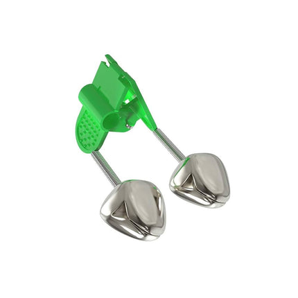 Double rod bell set with two silver bells and green mounting clips
