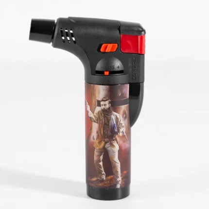 Black jet lighter with red switch and flame window, Ned Kelly character graphic on body