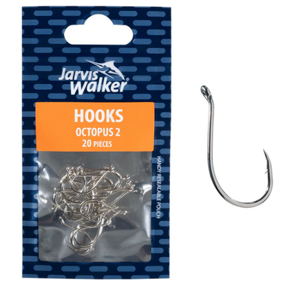 Nickel octopus hooks size 2, 20-pack, on-card with one curved hook