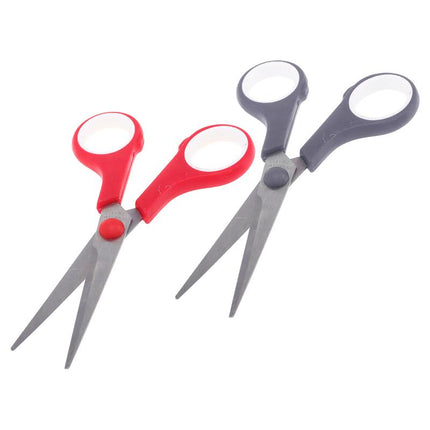 Red and gray scissors with loop handles and pointed stainless blades