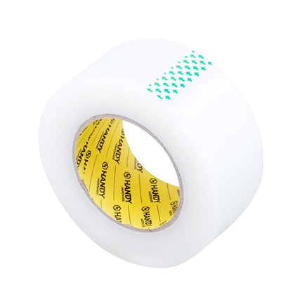Clear packaging tape roll close-up with Handy yellow inner label