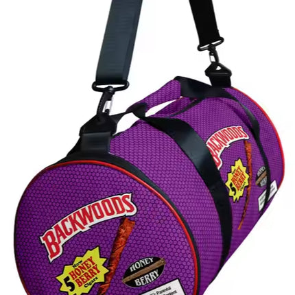 Purple cylindrical carry bag with black straps, Backwoods Honey Berry graphic