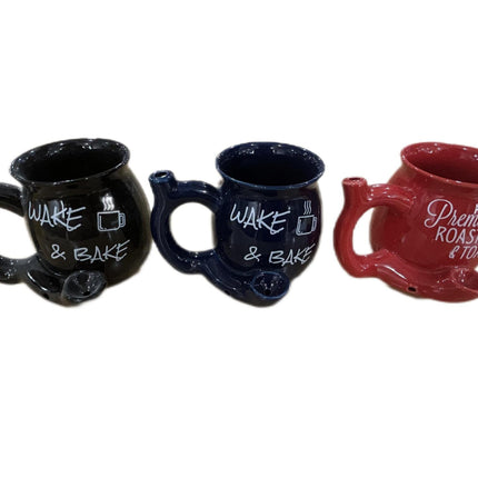 Assorted waterpipe-style mugs: black and blue 'WAKE & BAKE', red 'Premium ROAST'