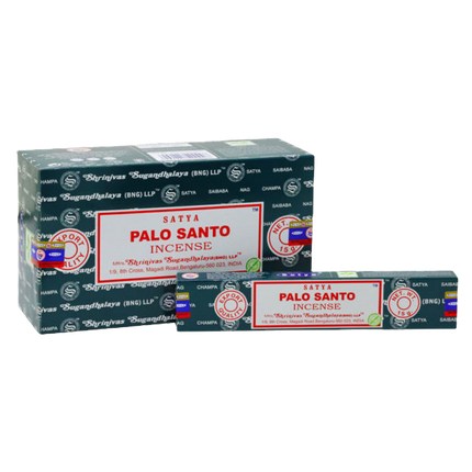 Rectangular Satya Palo Santo incense box with red label on patterned backing