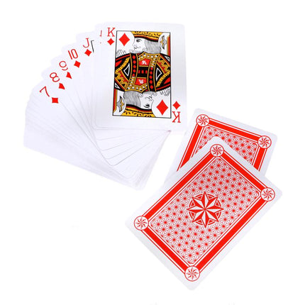 Jumbo playing cards deck fanned with face cards and a red patterned back card