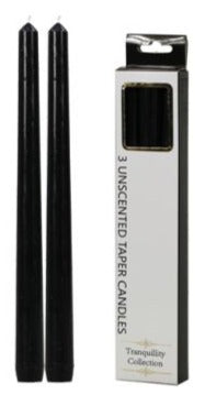 Set of tapered black candles with slim taper shape, shown in retail box
