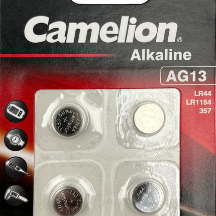 Camelion AG13 1.5V alkaline button cell battery blister, four cells in pack