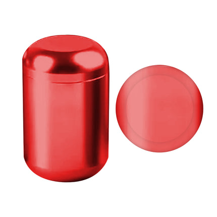 Red zinc alloy cylindrical metal jar with matching round lid