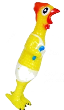 Yellow vinyl chicken toy with large blue eyes, red beak, and blue belly dots.