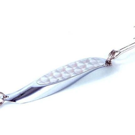 Silver prism fishing lure with treble hook and split ring