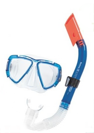 Adult snorkel and goggle set with blue snorkel and clear blue-framed goggles