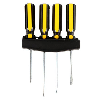 4-piece screwdriver set with black holder, yellow grips and steel shafts
