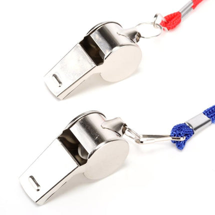 Two-pack metal whistle with red and blue cords and keyring loops