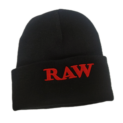 Black adult beanie with red RAW logo on the front cuff