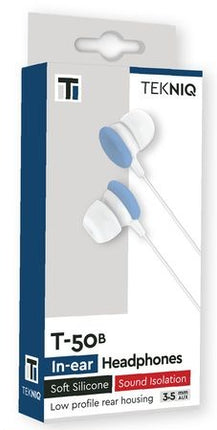 Wired in-ear earphones with soft silicone tips in blue and white