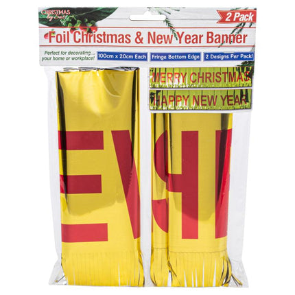 Foil Christmas and New Year banner set, yellow with red lettering, 2-pack in packaging