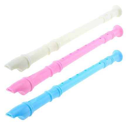 White, pink, and blue plastic 8-hole toy recorders, three-pack