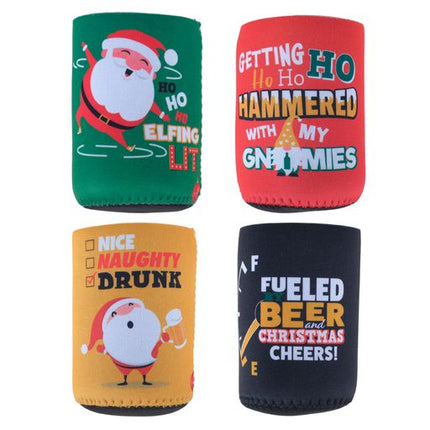 Set of Christmas stubby holders with mixed designs and slogans, four shown